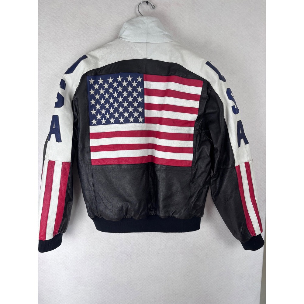 Michael Hoban Where Mi USA Flag Leather Bomber Jacket Mens XL Vintage 90s Black